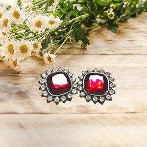 Red  Elegant Large Gemstone Vintage Look Clip on Earrings